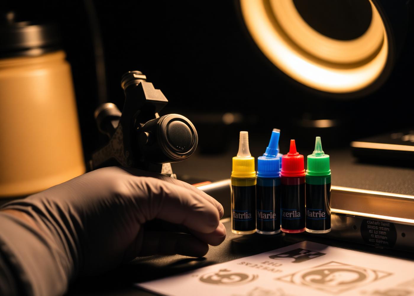 Tattoo artist's station with rotary tattoo machine, colored ink caps and stencil at Saner 812 Styles in Columbus, Indiana